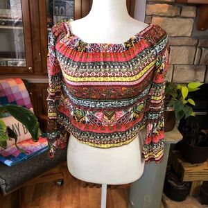 FRIDAY SIZE SMALL CROP TOP WITH PEASANT SLEEVES OFF SHOULDER MULTICOLORED